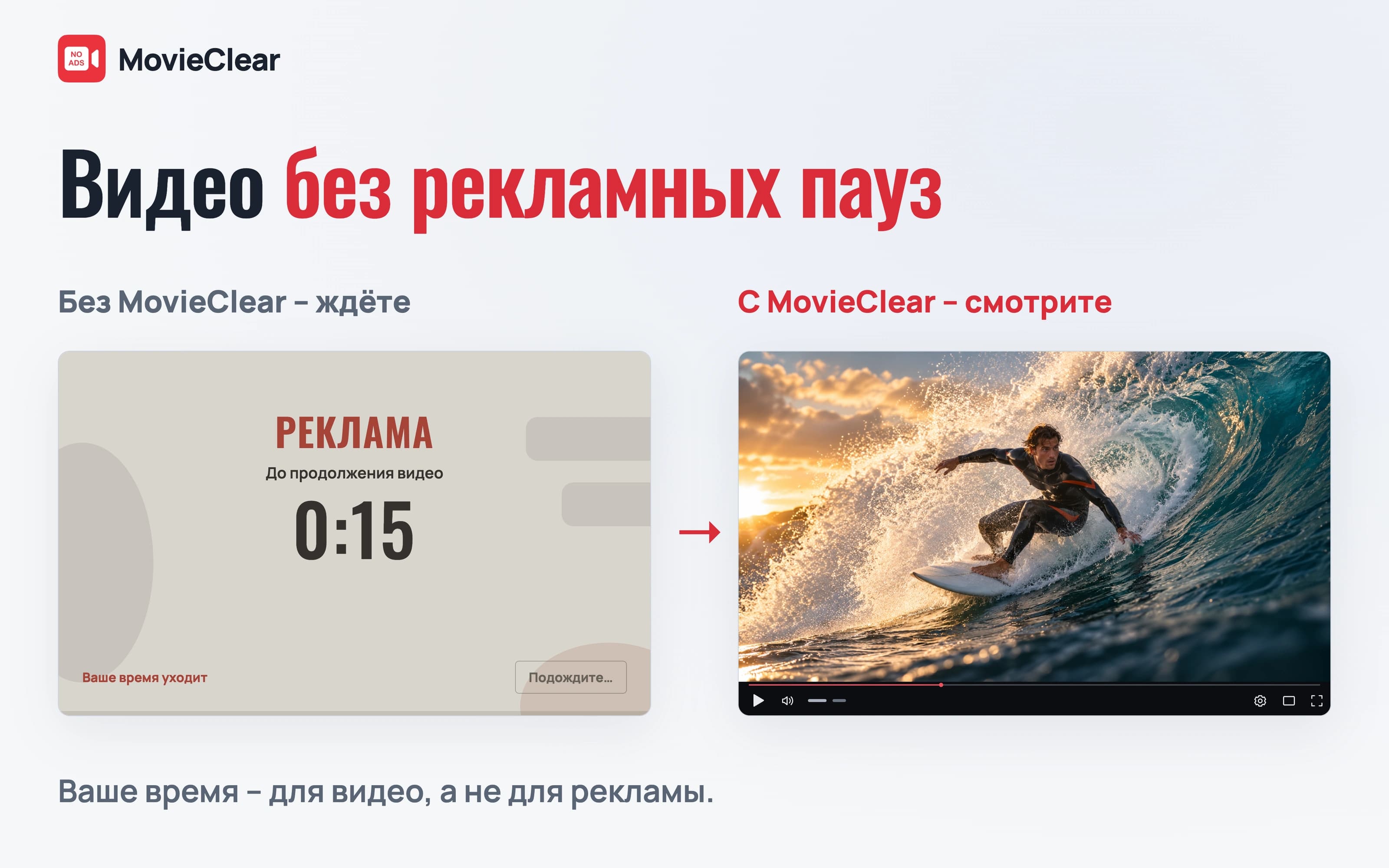 Без MovieClear реклама прерывает видео. С MovieClear сёрфер на волне продолжает движение без рекламных пауз.